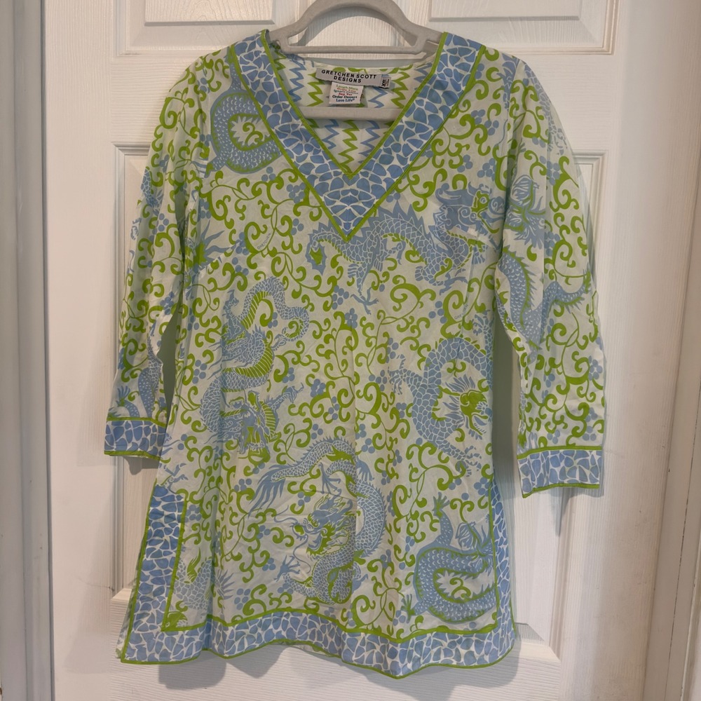 Gretchen Scott Designs Blue Green Dragon Print Cotton Tunic Top XS